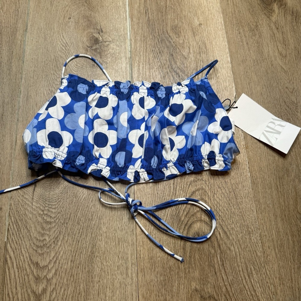 Zara Blue Floral Crop Top Small S Cotton Tie Back Open Back Ruffle Daisy Print